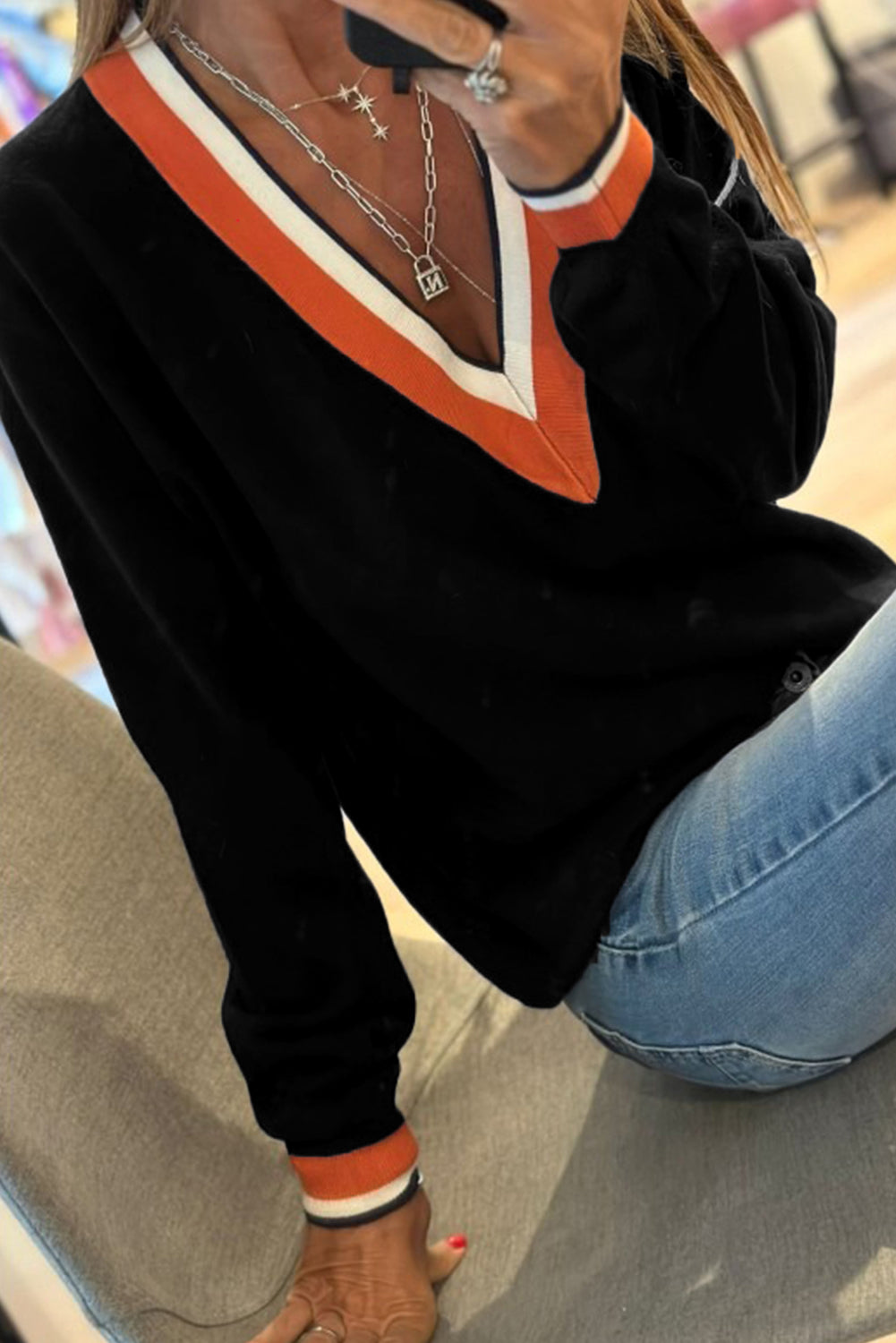 Contrast Striped Trim V Neck Sweater