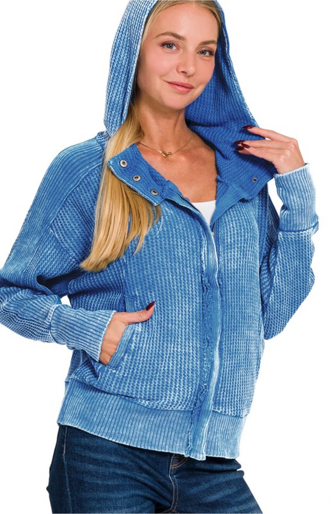 Zenana Waffle Hooded Zip-up