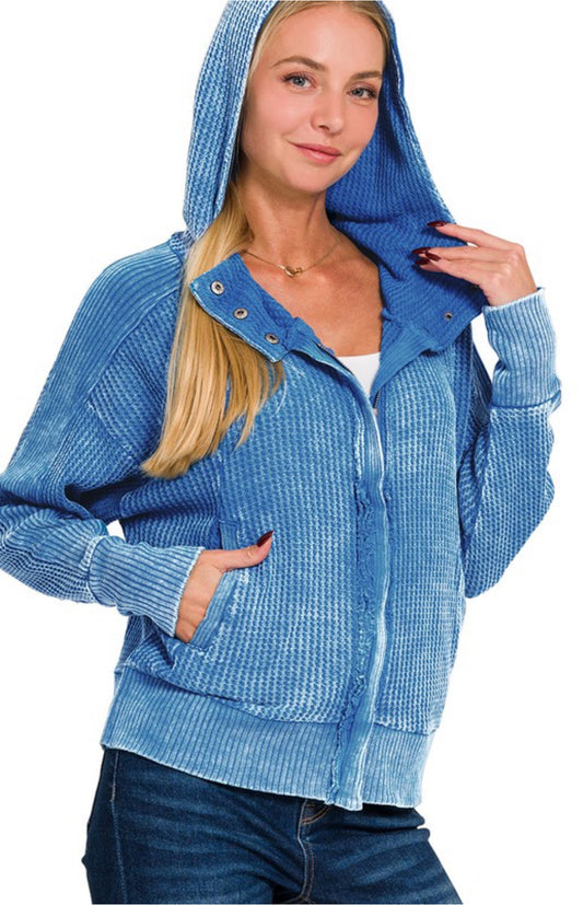 Zenana Waffle Hooded Zip-up