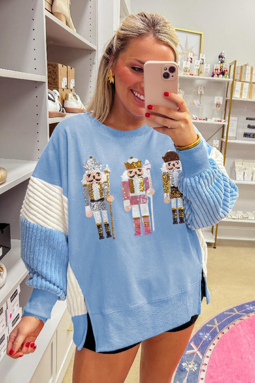 Beau Blue Sequin Nutcracker Textured Sleeve Patchwork Sweatshirt