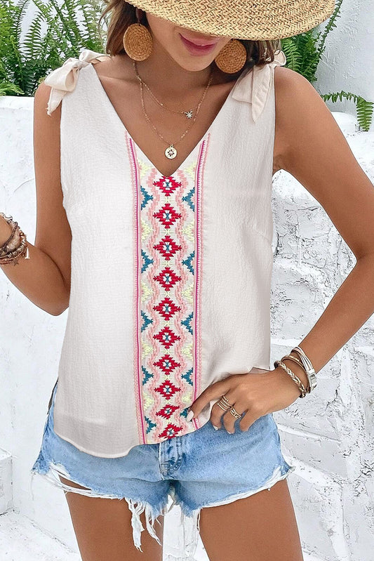 White Floral Embroidered Sleeveless Top