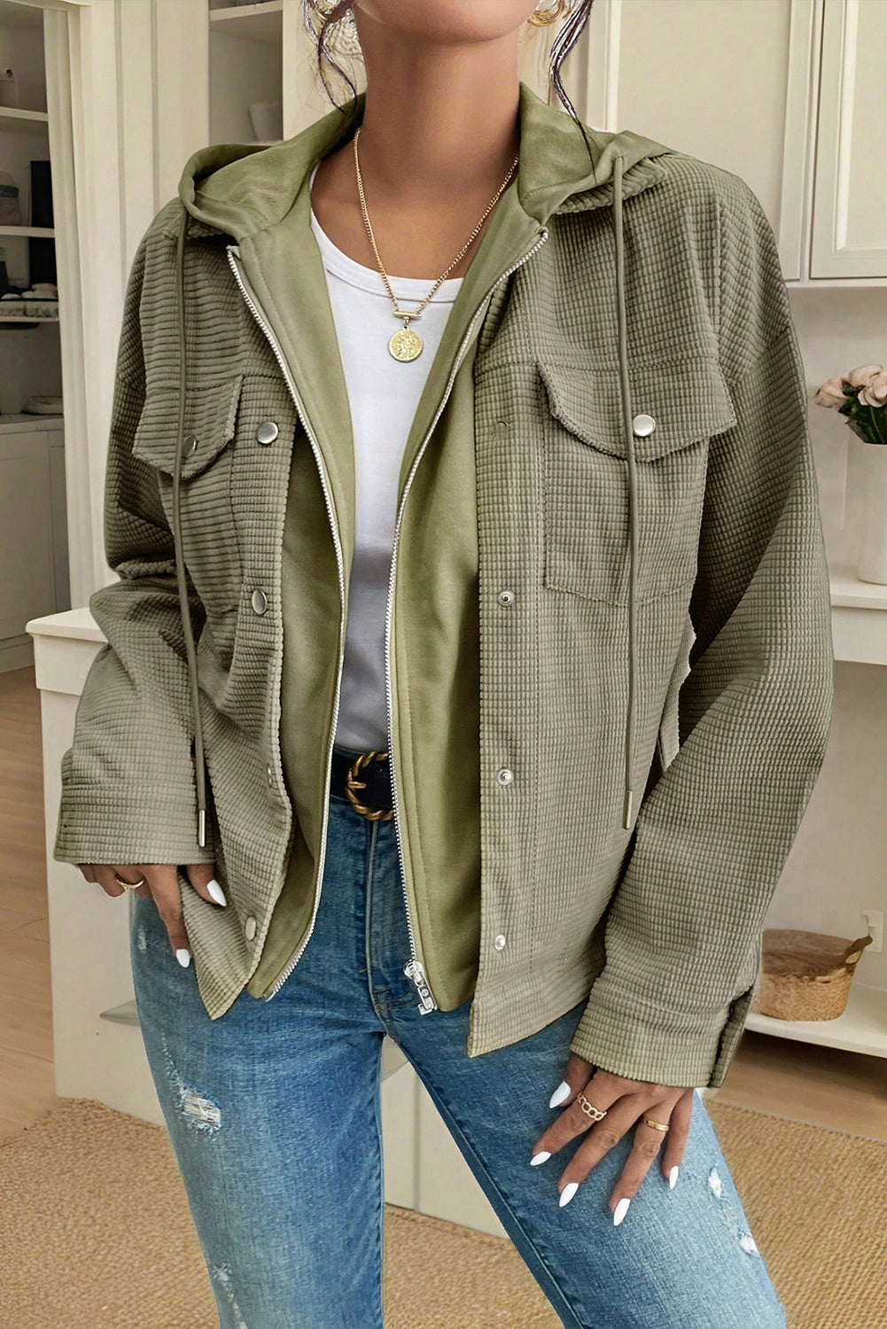 Laurel Green Solid Color Textured Patchwork Shacket