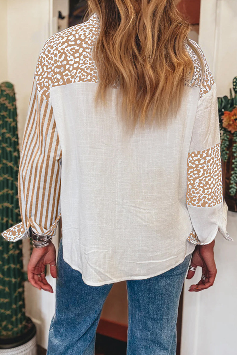 Khaki Leopard Striped Patchwork Button-up Shirt