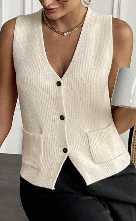 Beige V Neck Button Knit Vest