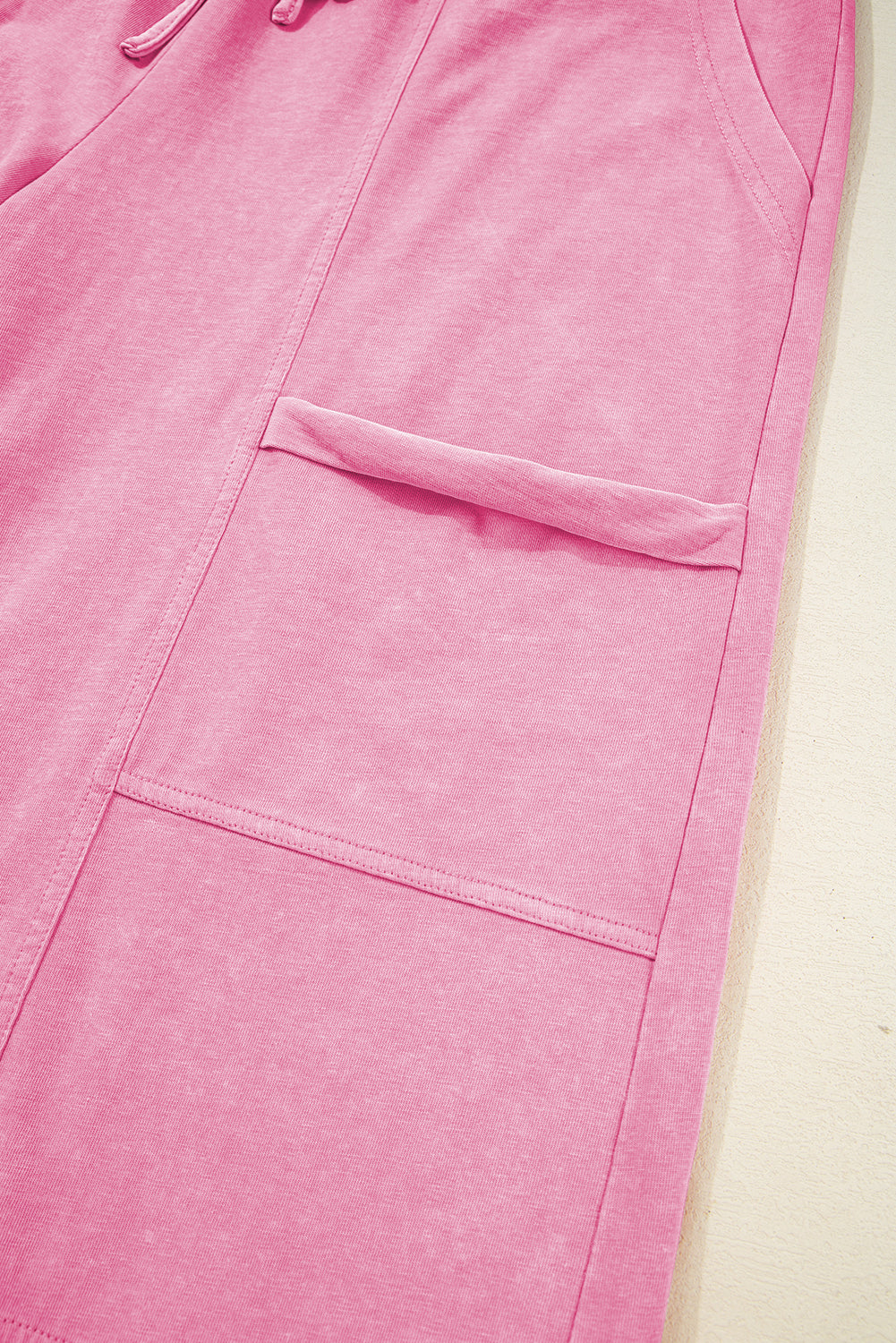 Smoke Gray Mineral Wash Exposed Seam Drawstring Elastic Waistband Wide Leg Cargo Pants