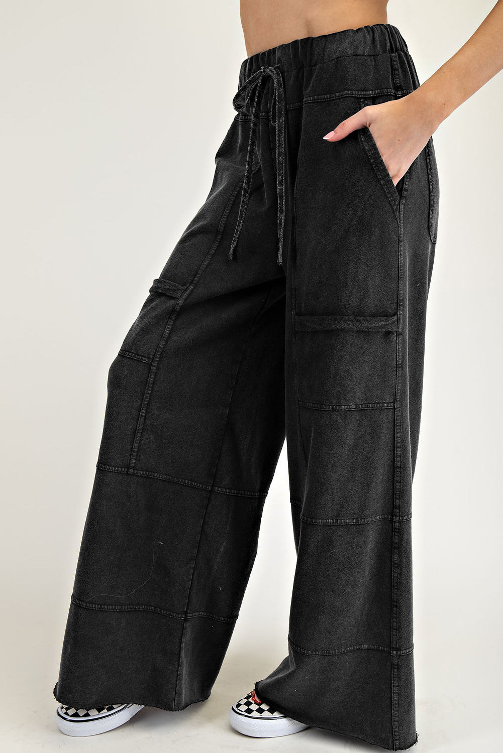Smoke Gray Mineral Wash Exposed Seam Drawstring Elastic Waistband Wide Leg Cargo Pants