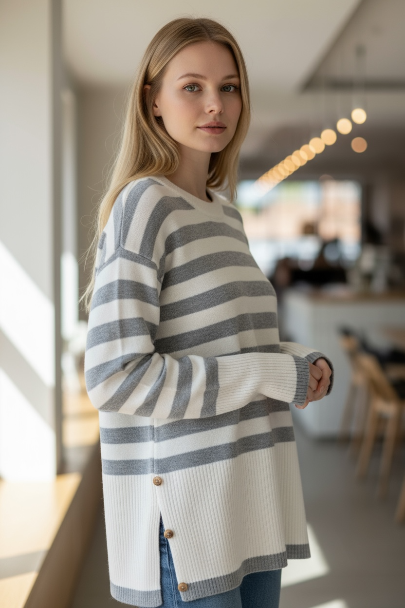 Lindley Striped Button Detail Sweater