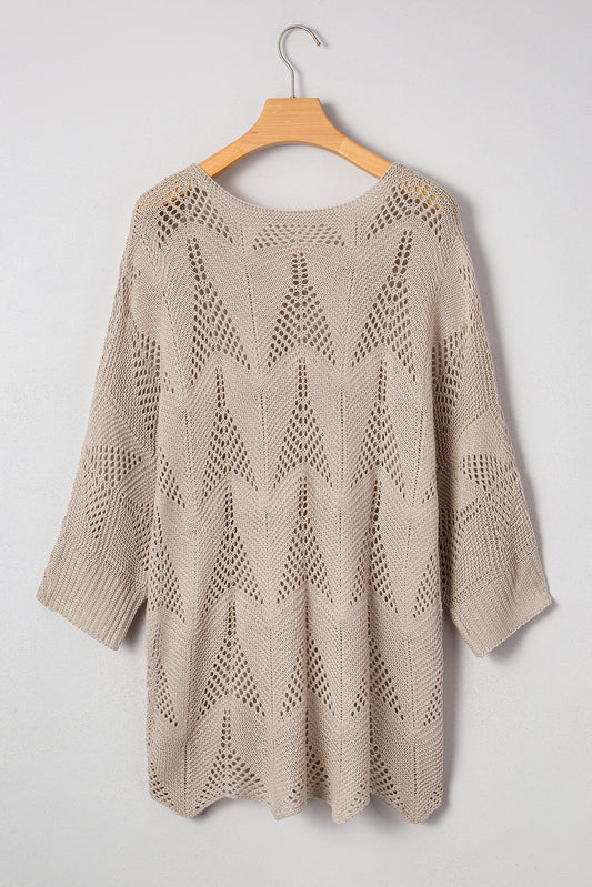 Parchment Hollow Out Knit 3/4 Sleeve Casual Sweater
