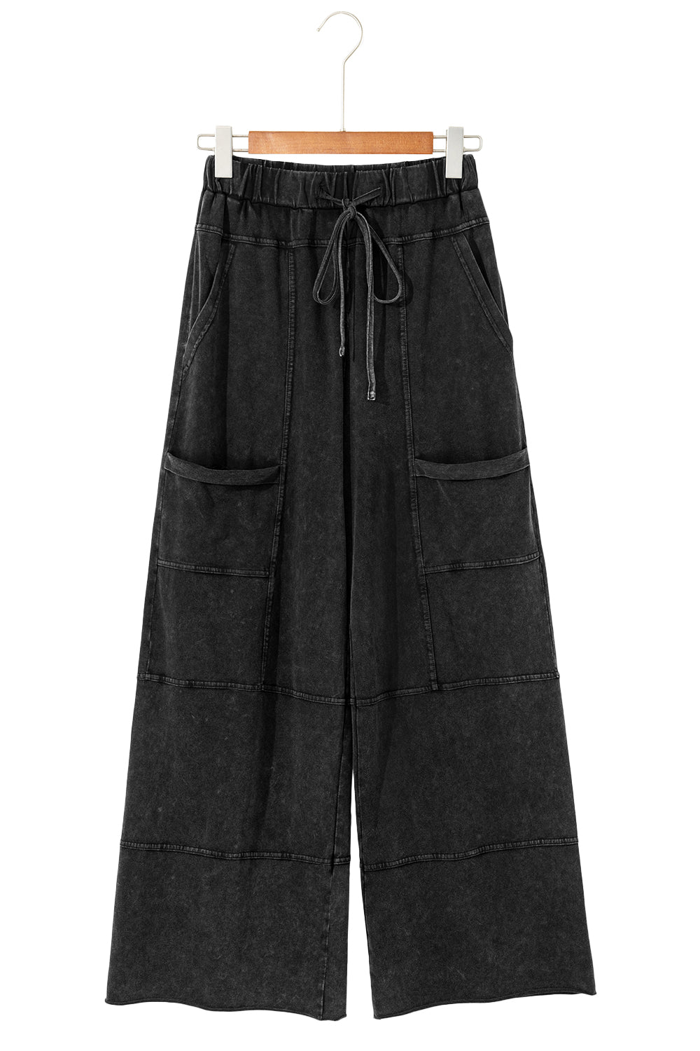 Smoke Gray Mineral Wash Exposed Seam Drawstring Elastic Waistband Wide Leg Cargo Pants