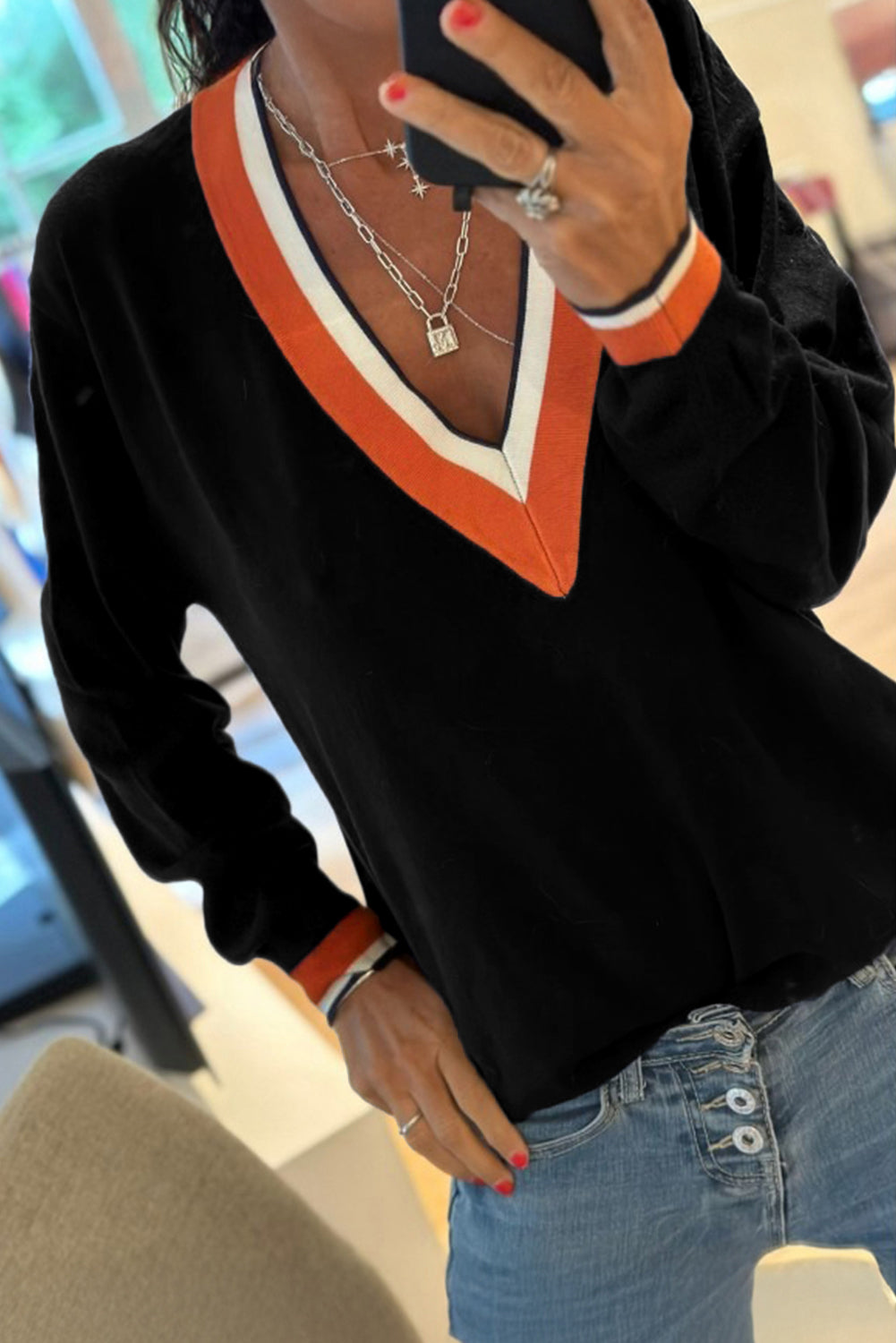 Contrast Striped Trim V Neck Sweater