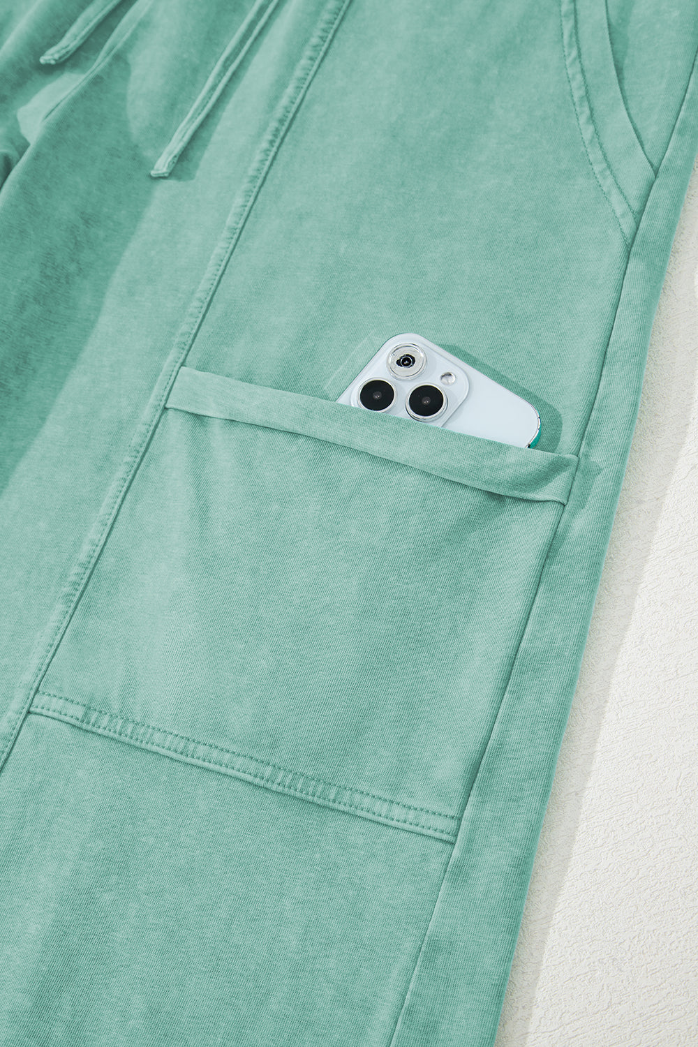 Smoke Gray Mineral Wash Exposed Seam Drawstring Elastic Waistband Wide Leg Cargo Pants