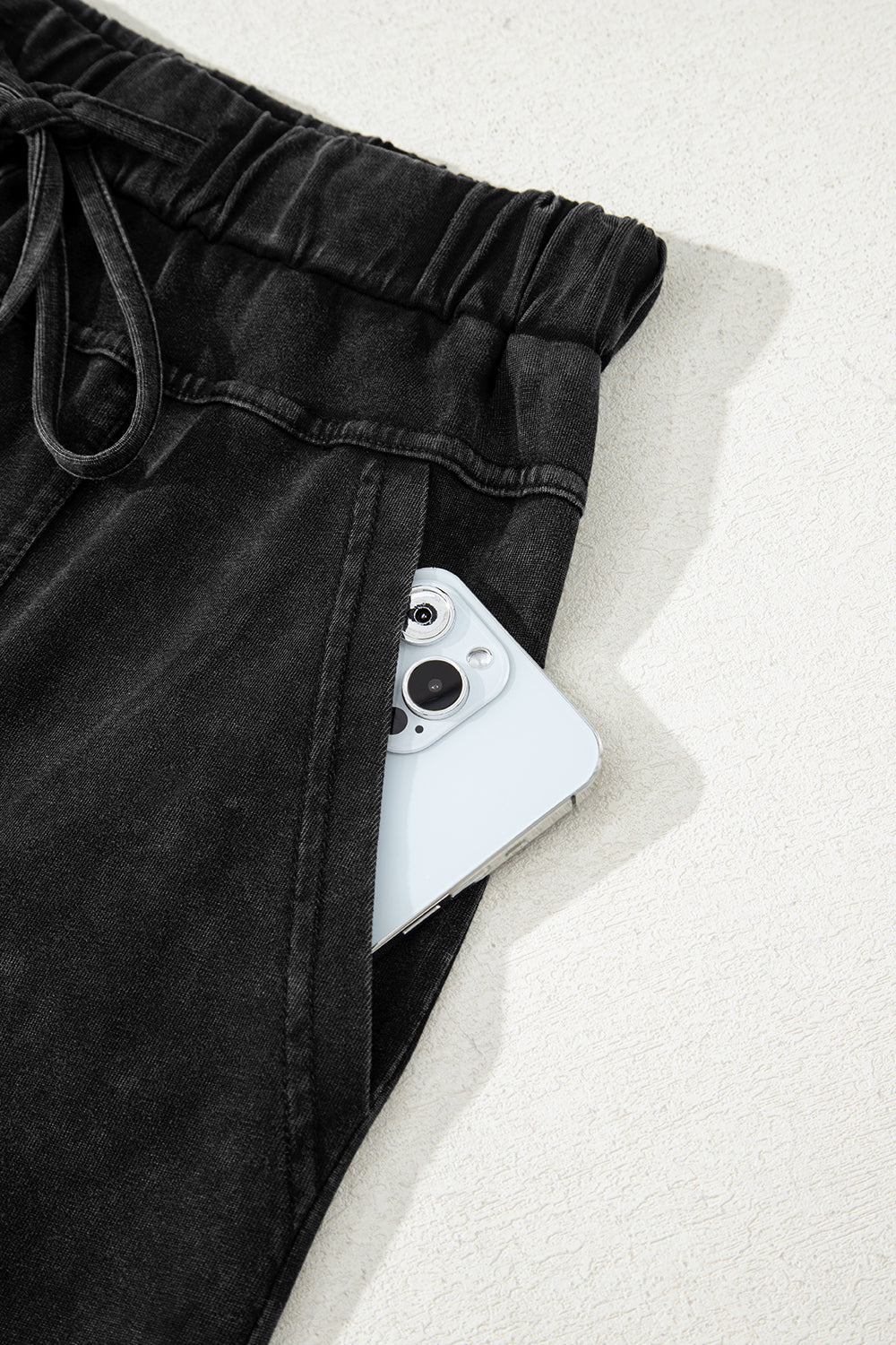 Smoke Gray Mineral Wash Exposed Seam Drawstring Elastic Waistband Wide Leg Cargo Pants