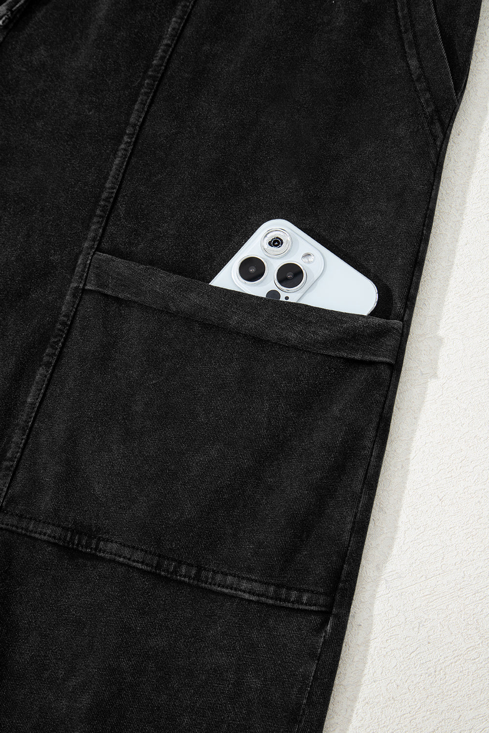 Smoke Gray Mineral Wash Exposed Seam Drawstring Elastic Waistband Wide Leg Cargo Pants