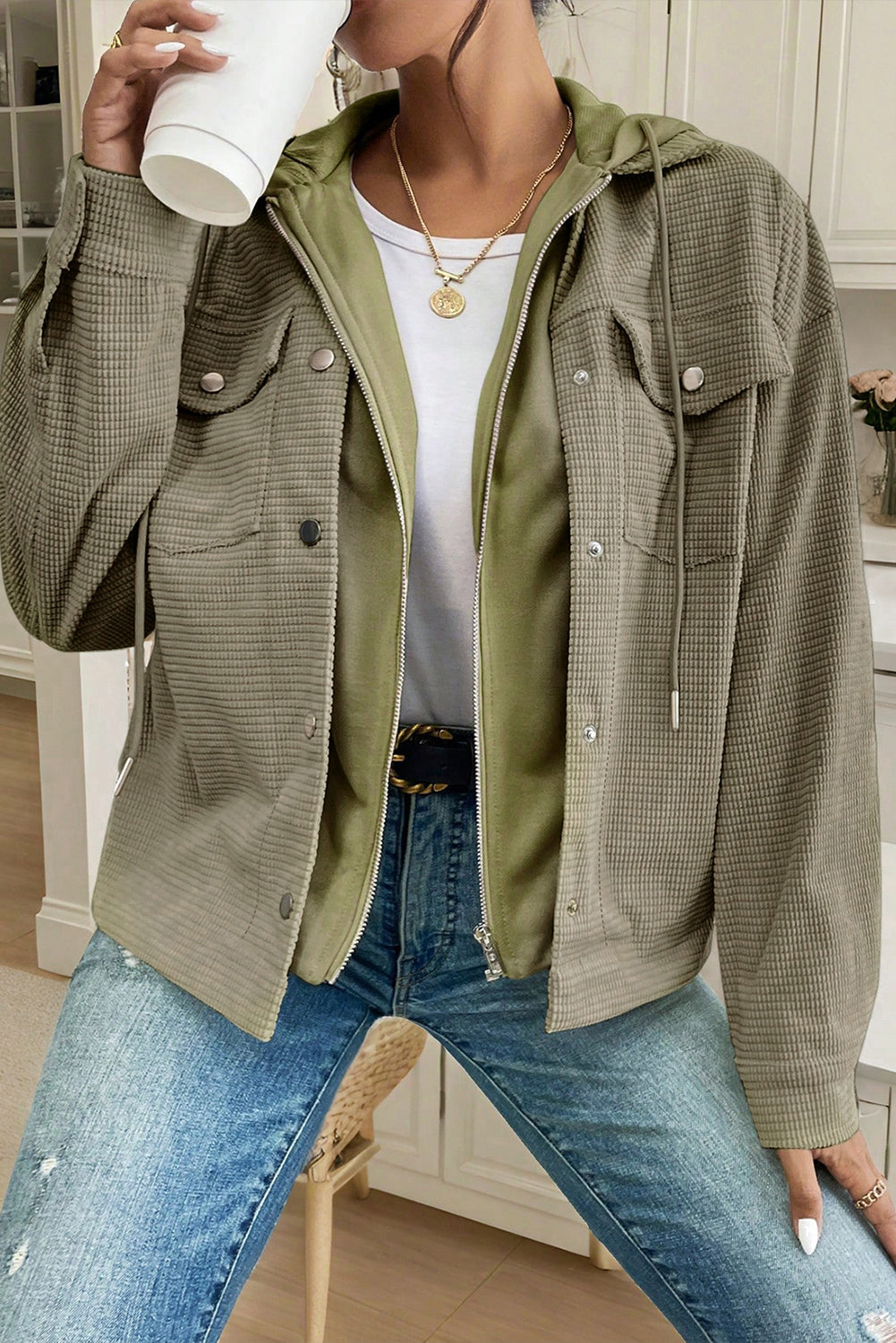 Laurel Green Solid Color Textured Patchwork Shacket