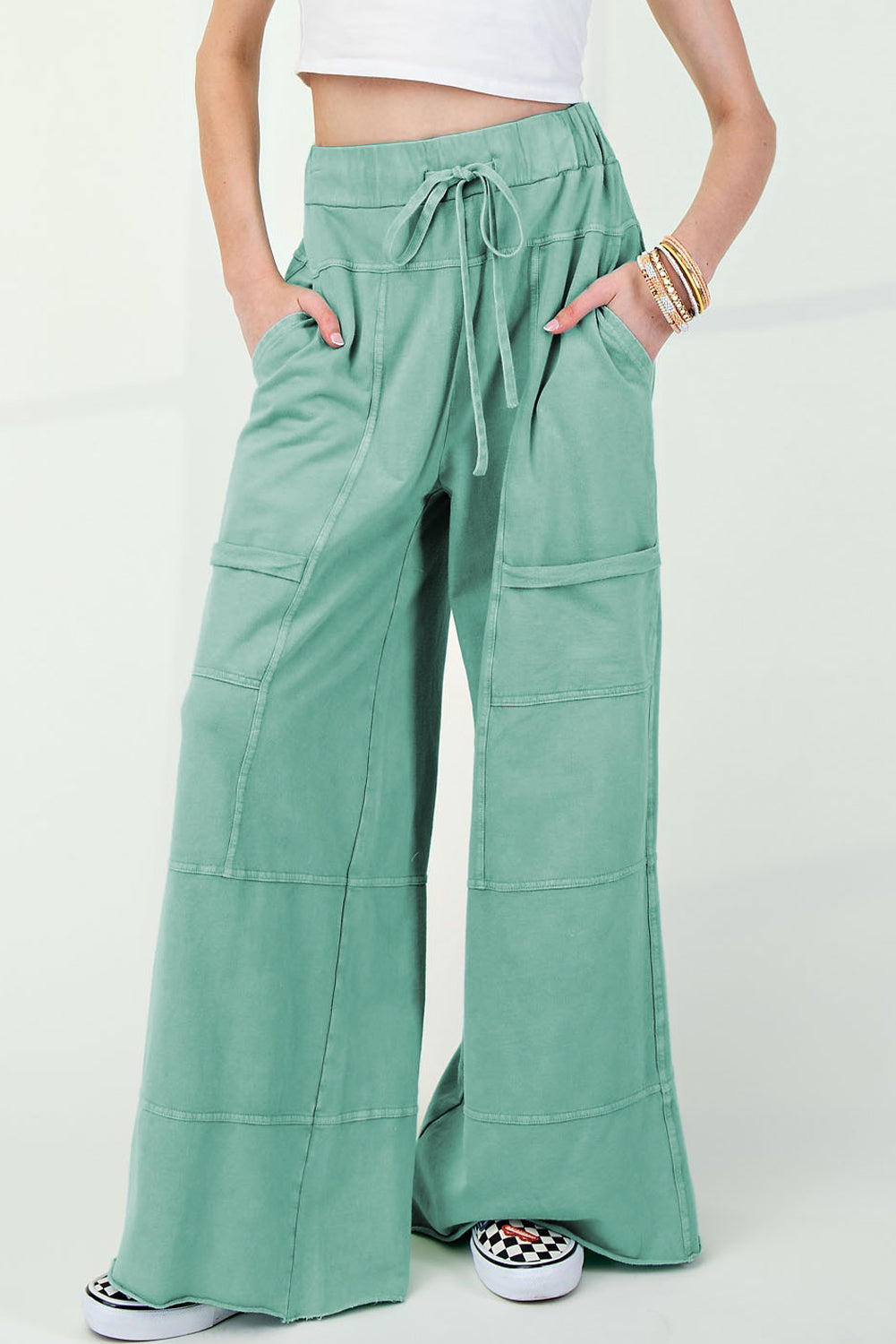 Smoke Gray Mineral Wash Exposed Seam Drawstring Elastic Waistband Wide Leg Cargo Pants