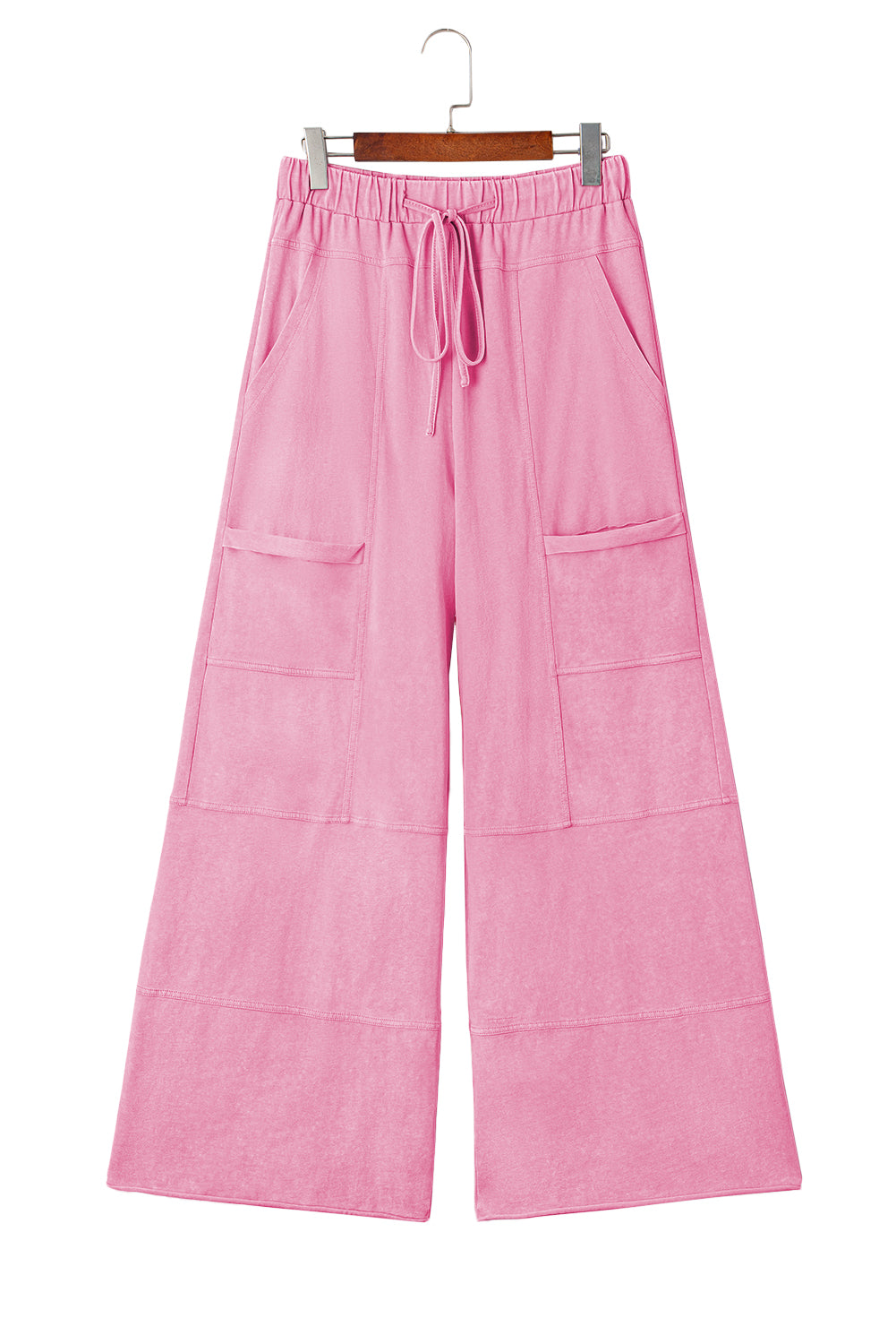 Smoke Gray Mineral Wash Exposed Seam Drawstring Elastic Waistband Wide Leg Cargo Pants