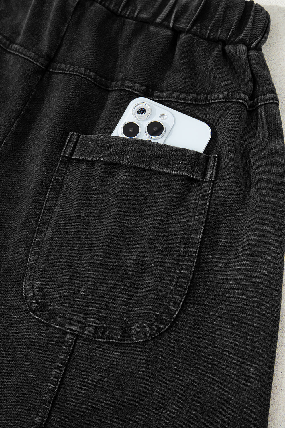 Smoke Gray Mineral Wash Exposed Seam Drawstring Elastic Waistband Wide Leg Cargo Pants