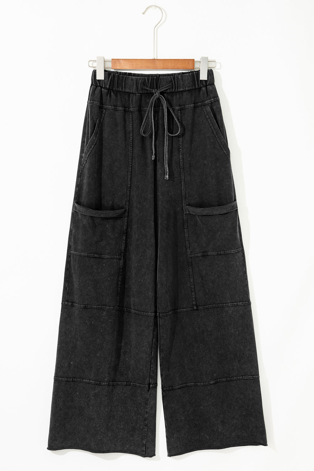 Smoke Gray Mineral Wash Exposed Seam Drawstring Elastic Waistband Wide Leg Cargo Pants