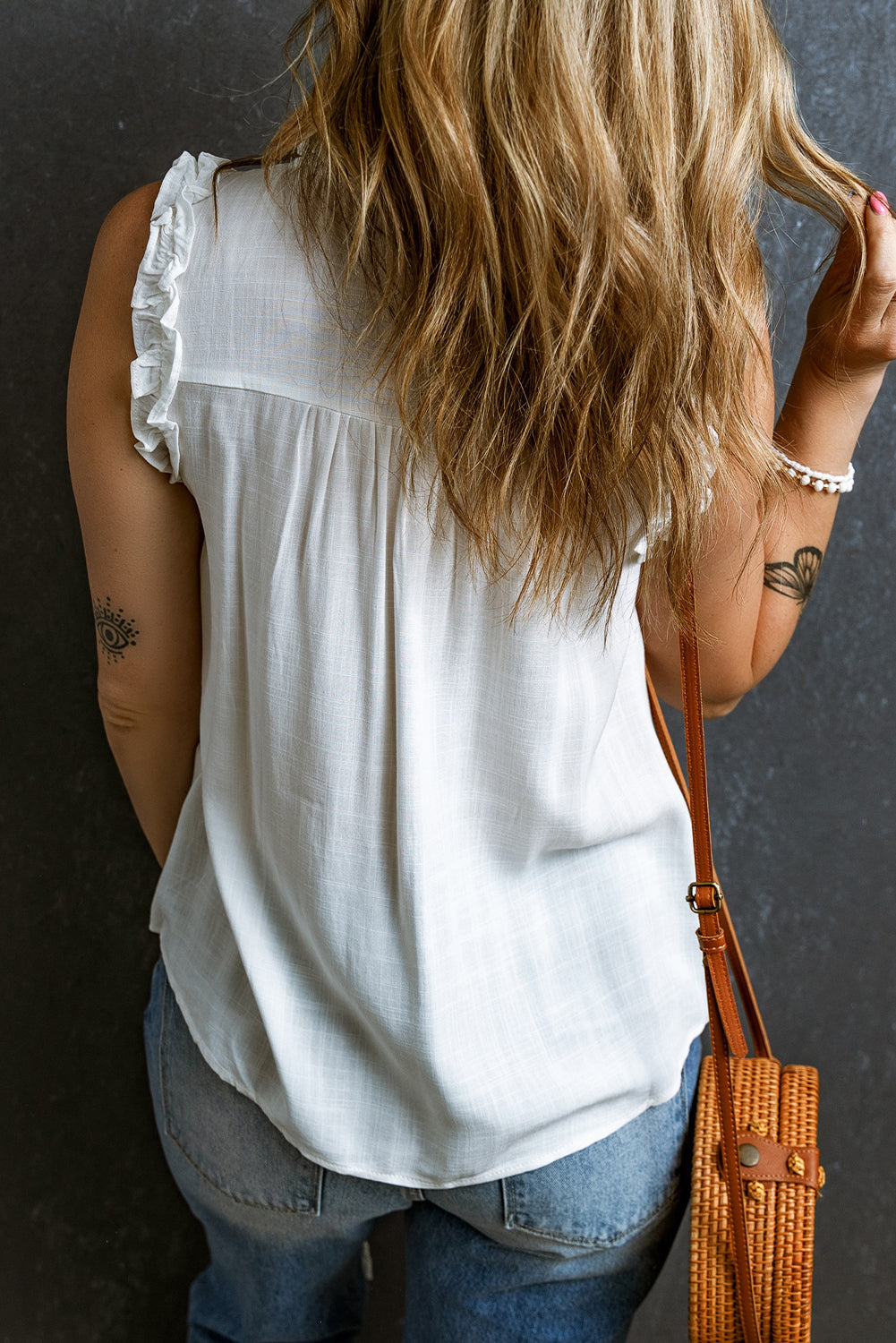 Button Split Neck Sleeveless Blouse