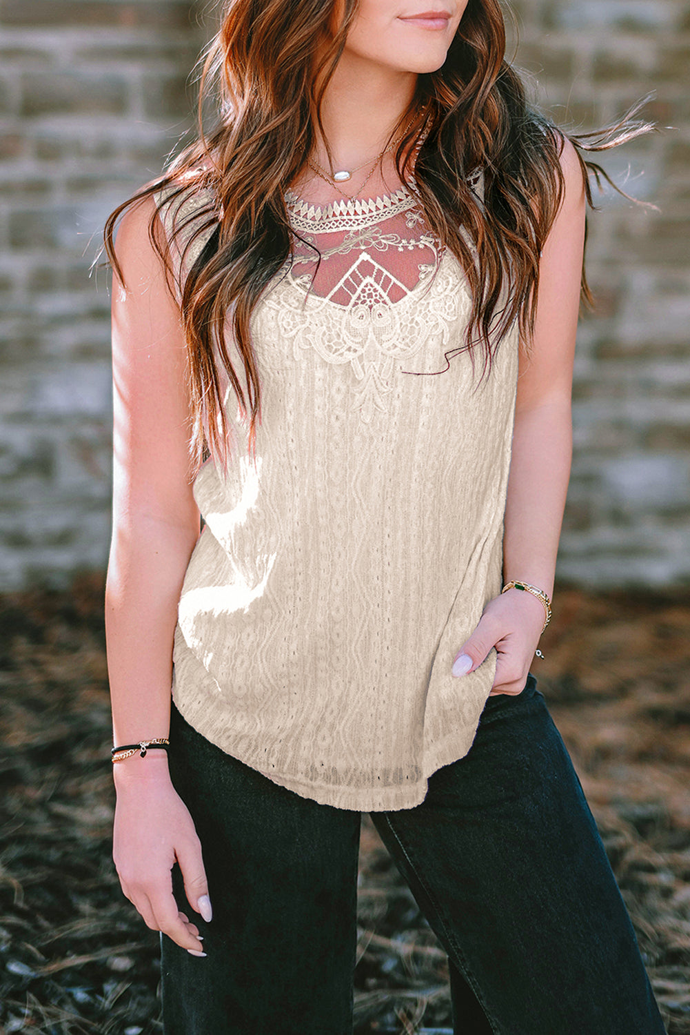 Apricot Lace Crochet Keyhole Back Sleeveless Top