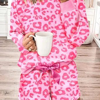 Pink Leopard Long Sleeve Shorts Set