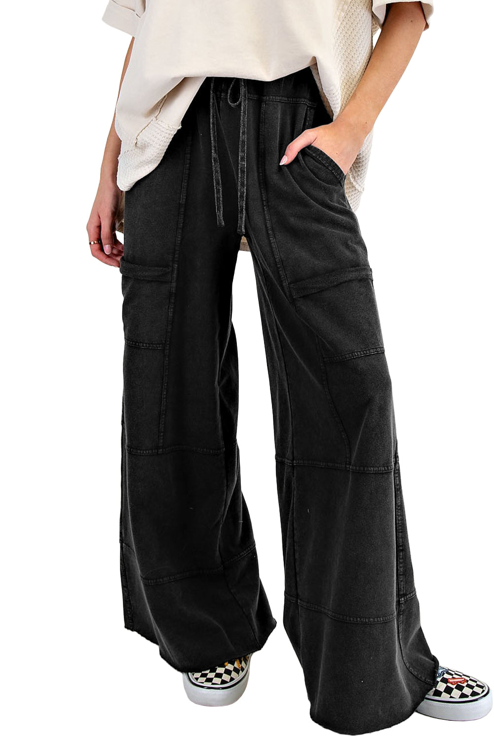 Smoke Gray Mineral Wash Exposed Seam Drawstring Elastic Waistband Wide Leg Cargo Pants