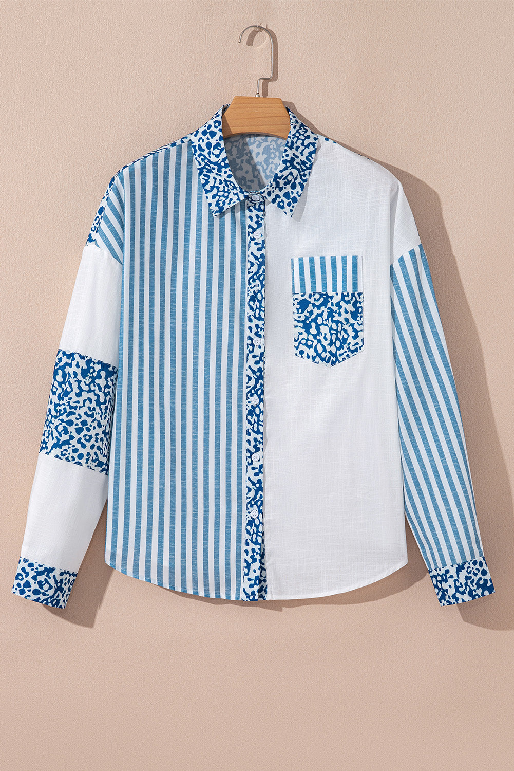 Khaki Leopard Striped Patchwork Button-up Shirt