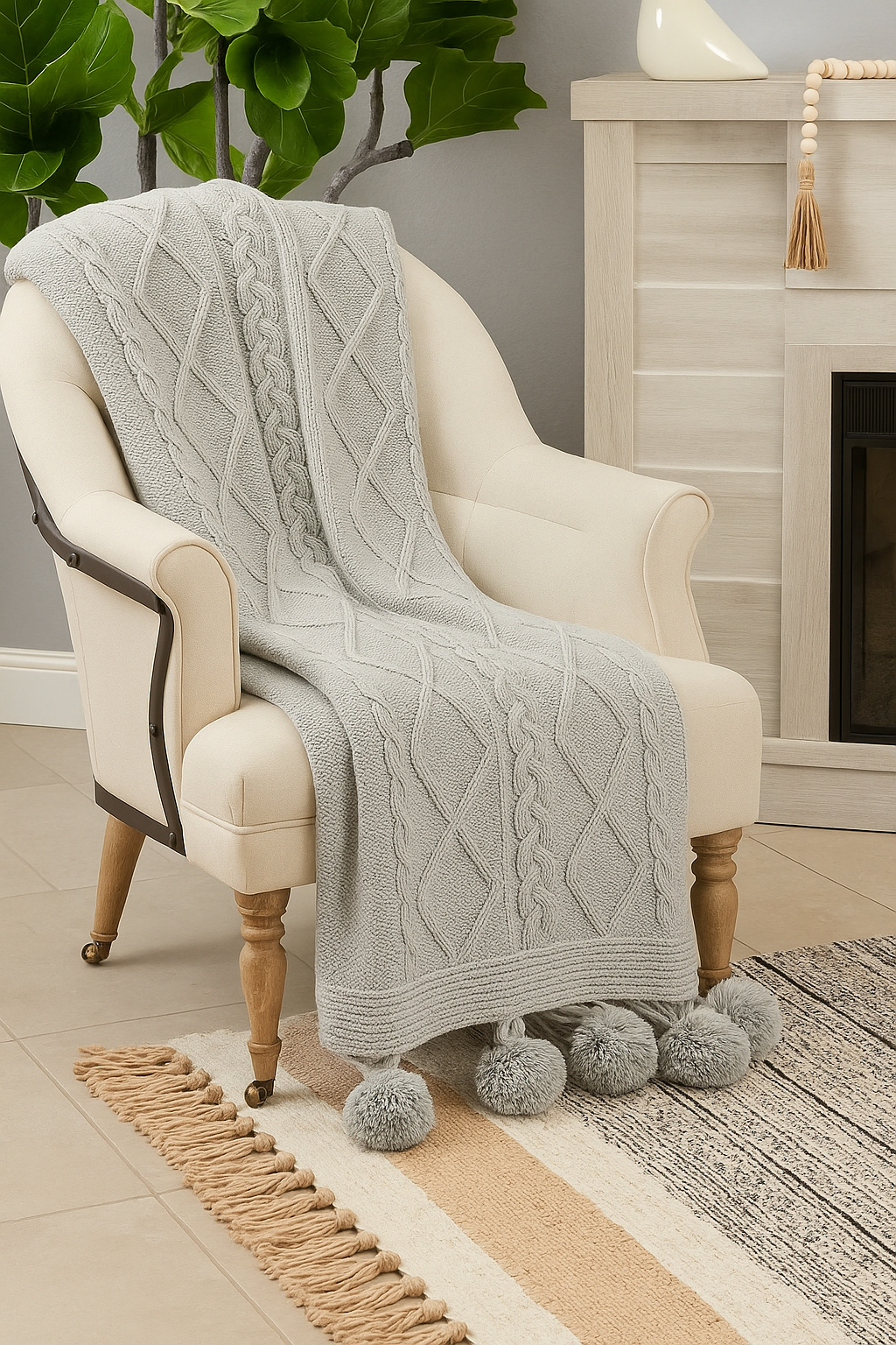 Grey Luxe Faux Fur Cable Knit Blanket