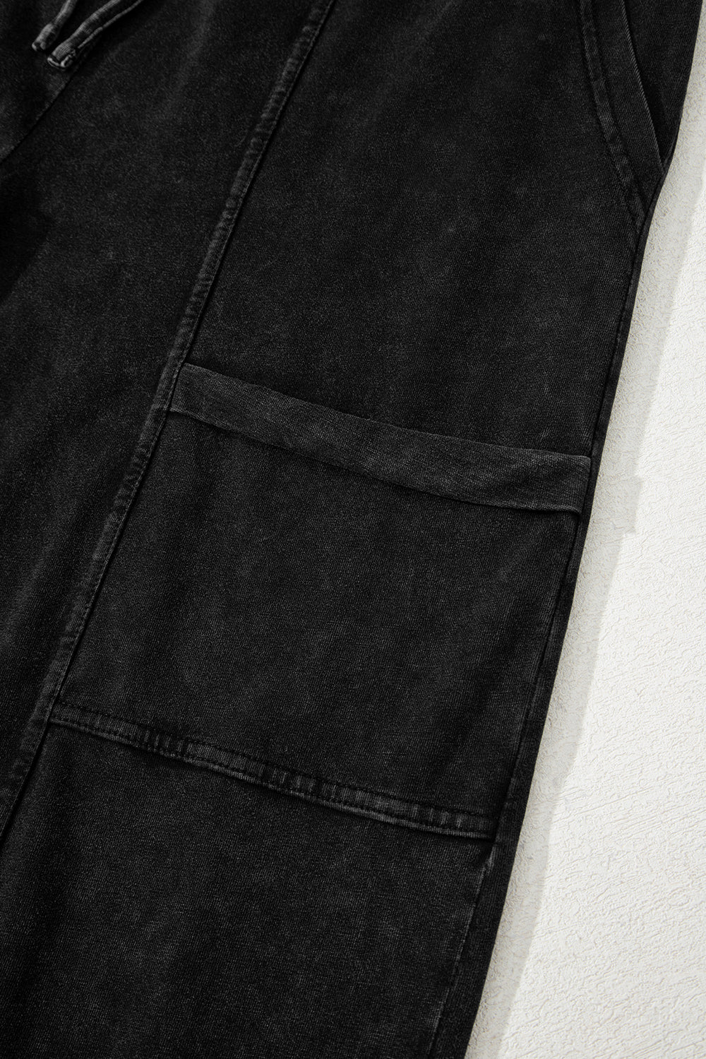 Smoke Gray Mineral Wash Exposed Seam Drawstring Elastic Waistband Wide Leg Cargo Pants