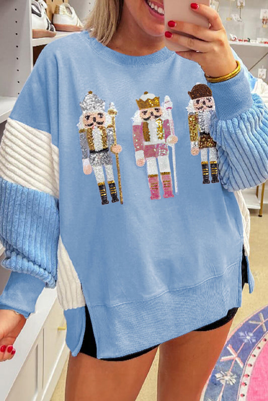 Beau Blue Sequin Nutcracker Textured Sleeve Patchwork Sweatshirt