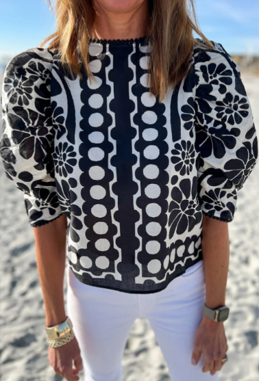 Black Floral Print Puff Sleeve Blouse