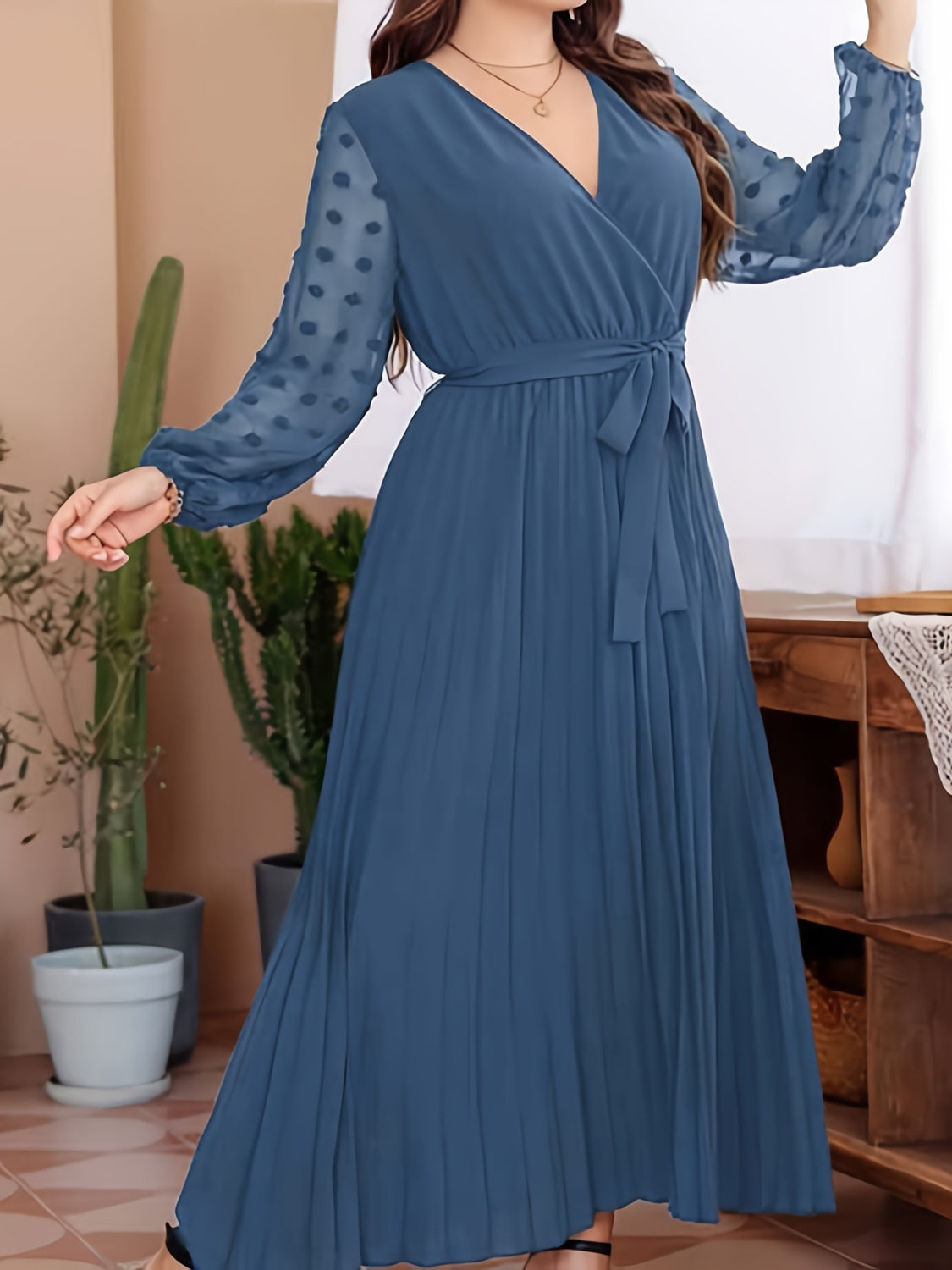 Swiss Dot Tie Waist Maxi Dress, Plus Size