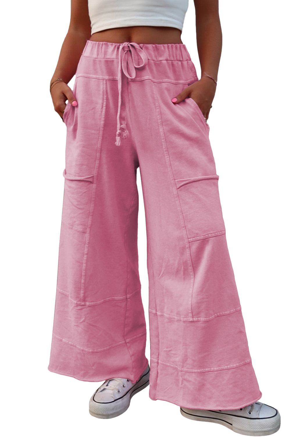 Smoke Gray Mineral Wash Exposed Seam Drawstring Elastic Waistband Wide Leg Cargo Pants