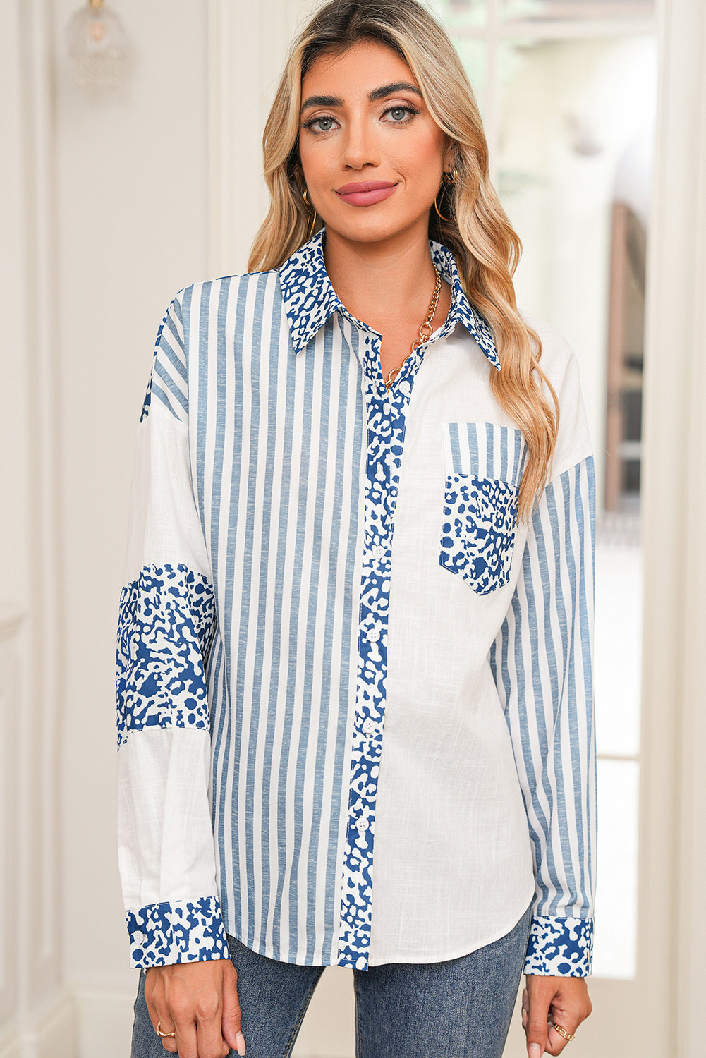 Khaki Leopard Striped Patchwork Button-up Shirt