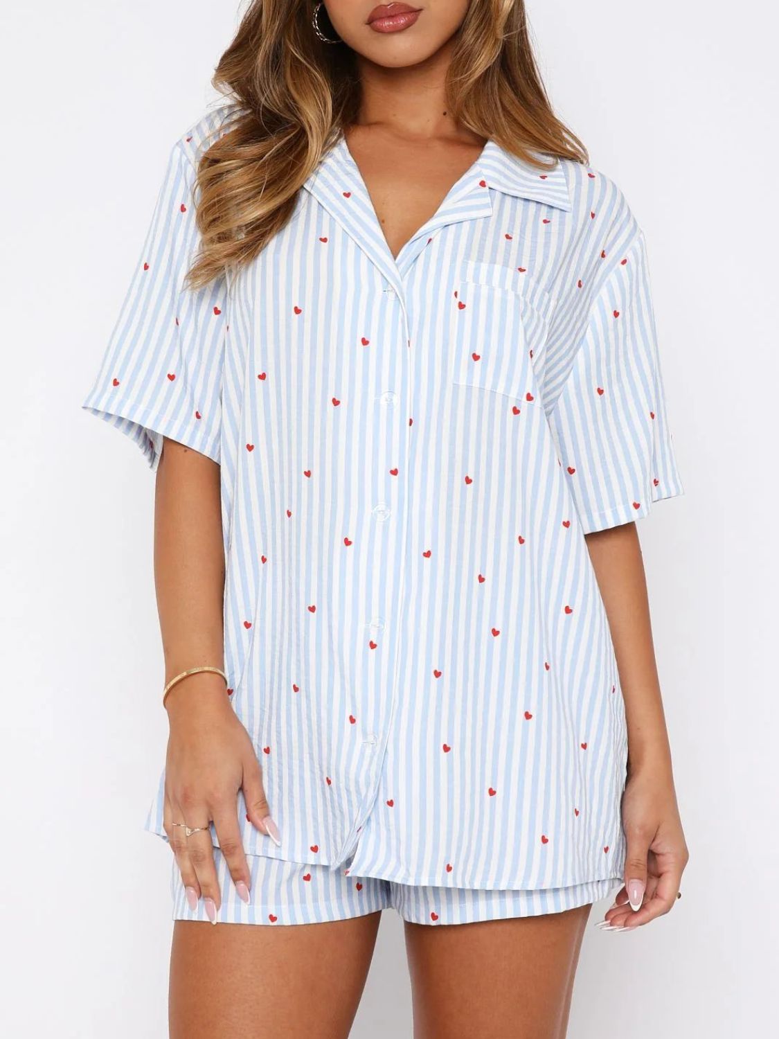 Printed Collared Short Sleeve Shorts Set