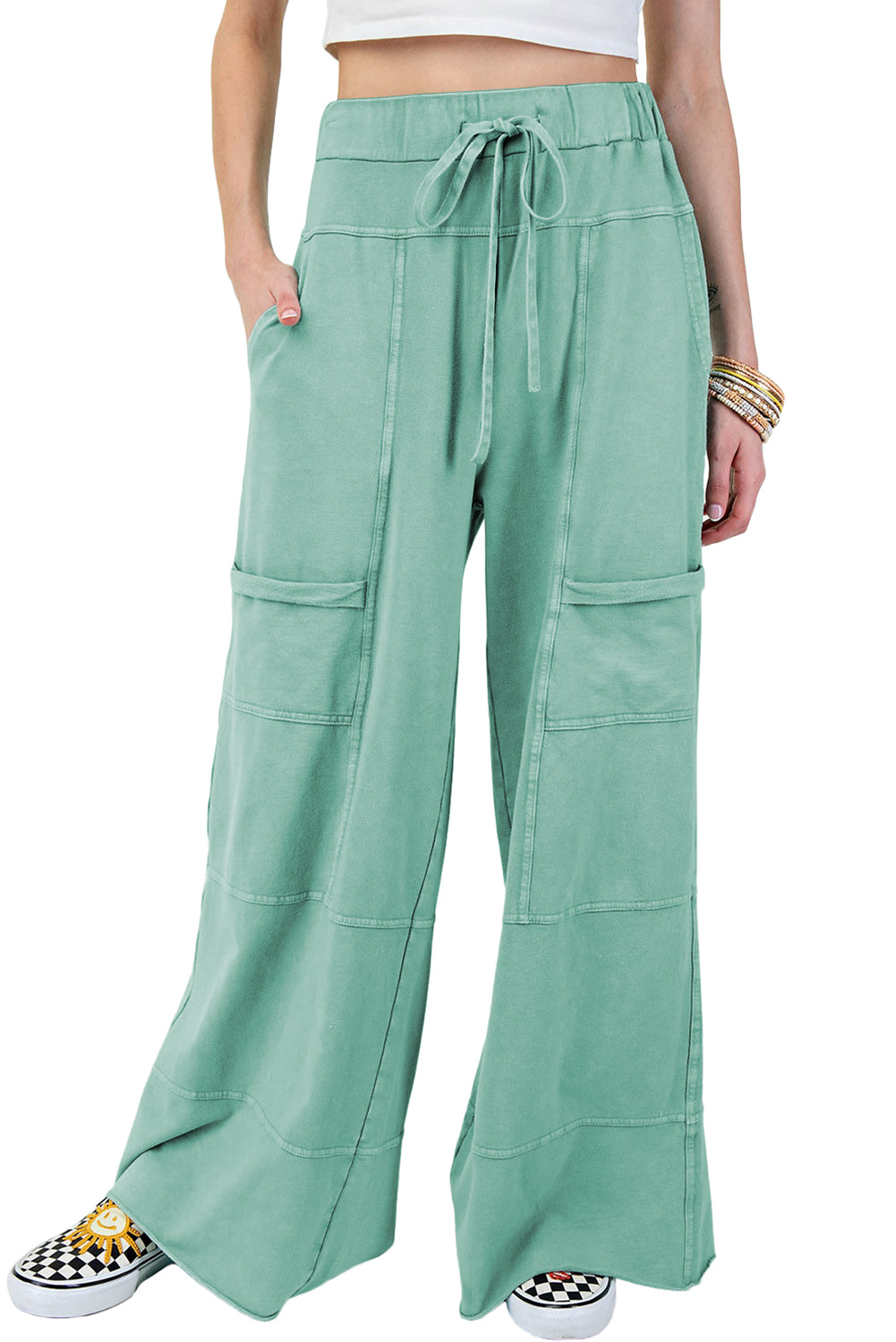 Smoke Gray Mineral Wash Exposed Seam Drawstring Elastic Waistband Wide Leg Cargo Pants