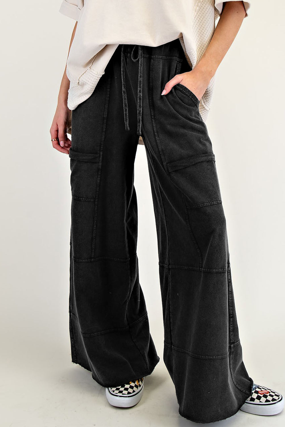 Smoke Gray Mineral Wash Exposed Seam Drawstring Elastic Waistband Wide Leg Cargo Pants