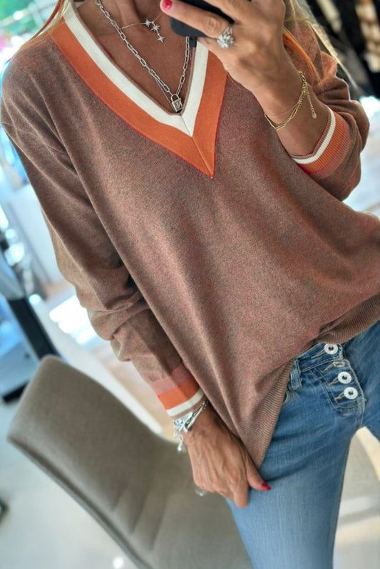 Contrast Striped Trim V Neck Sweater