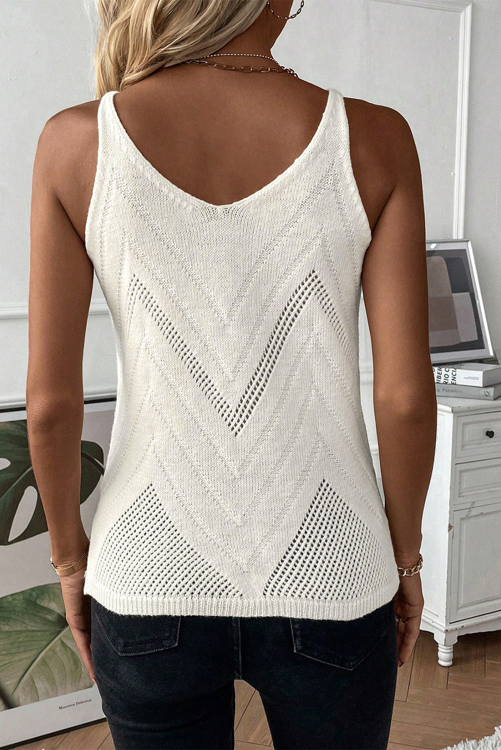 White Chevron Pointelle Knit Top