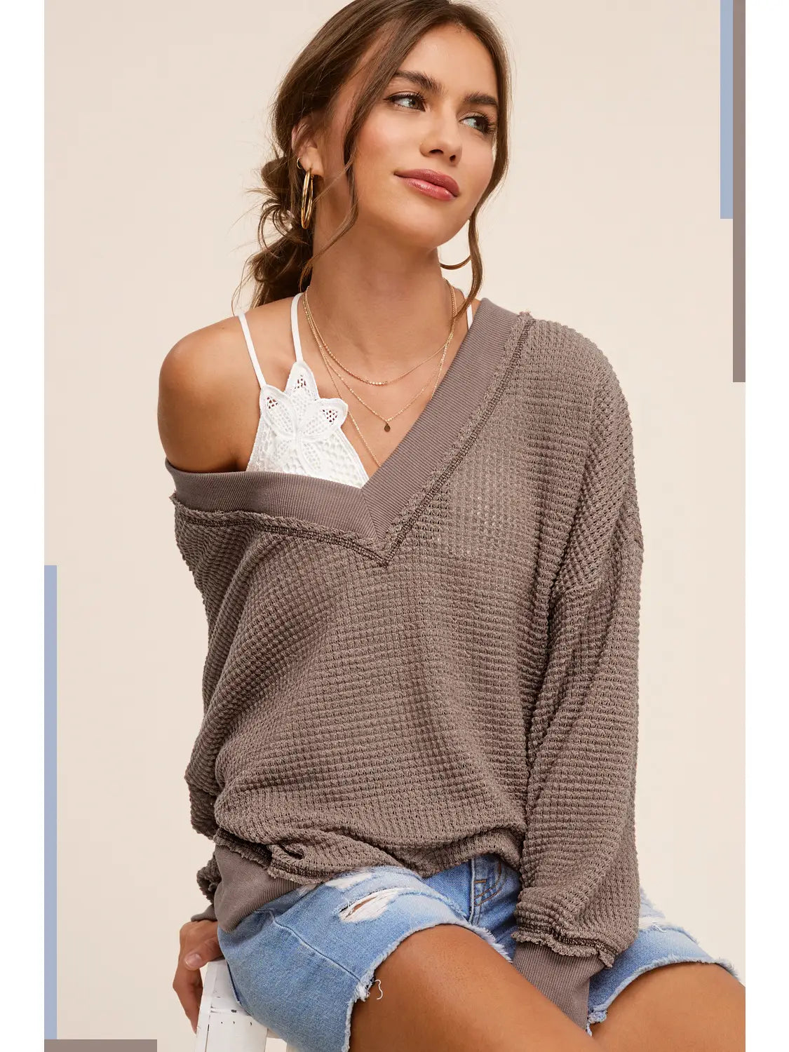 Mocha V-neck Waffle Long Sleeve Top