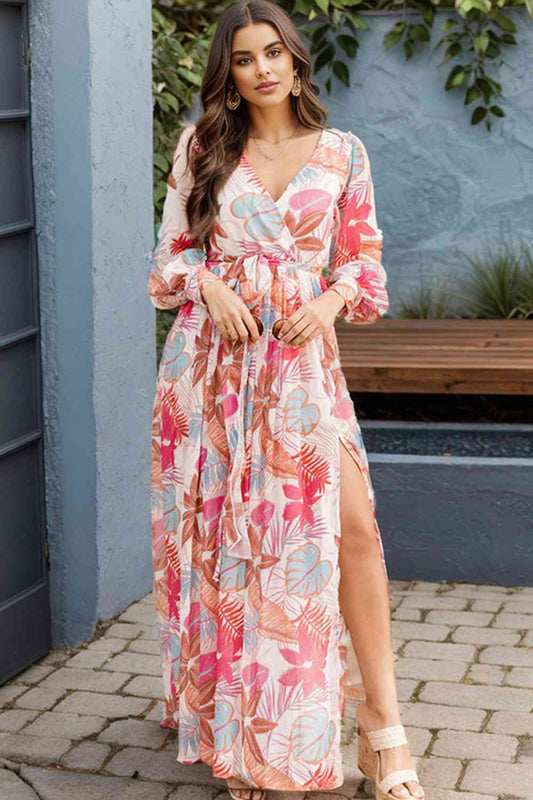 V-Neck Printed Slit Dress, Plus Size